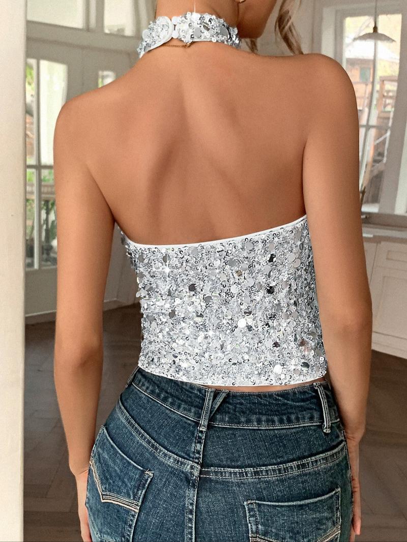 Y2K Women's Sequin Design Halter Top, Elegant Slim-Fitting Backless Vest, Plain Pattern, Perfect for Casual Wear