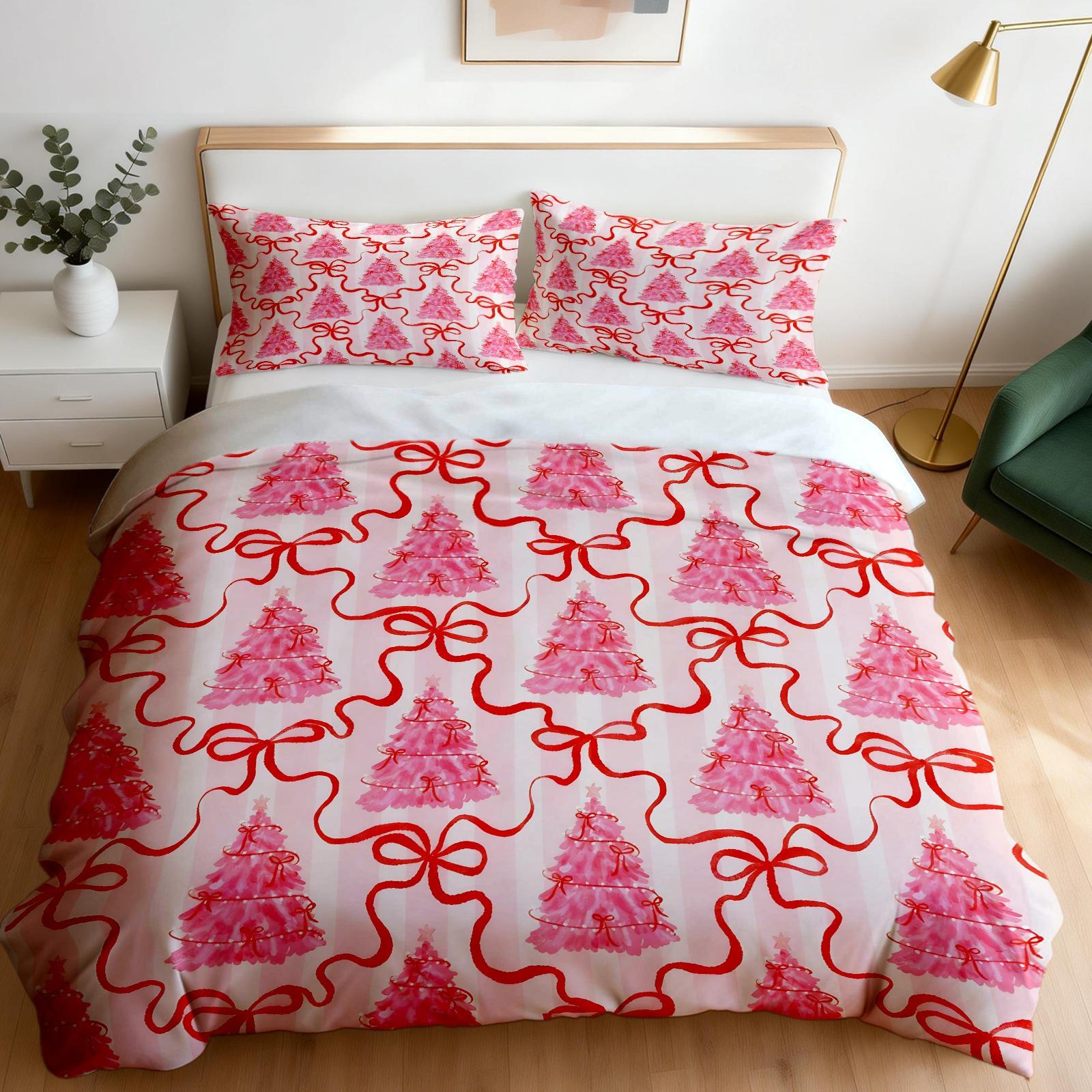 2/3 Pcs Christmas Coquette Bow Duvet Cover Set, Cute Gingerbread Man & Christmas Tree Print Bedding, Soft and Comfortable Fabric, High-Aesthetic Girl's Bedroom Decor, Ideal Christmas Holiday Gift, Filling Not Included