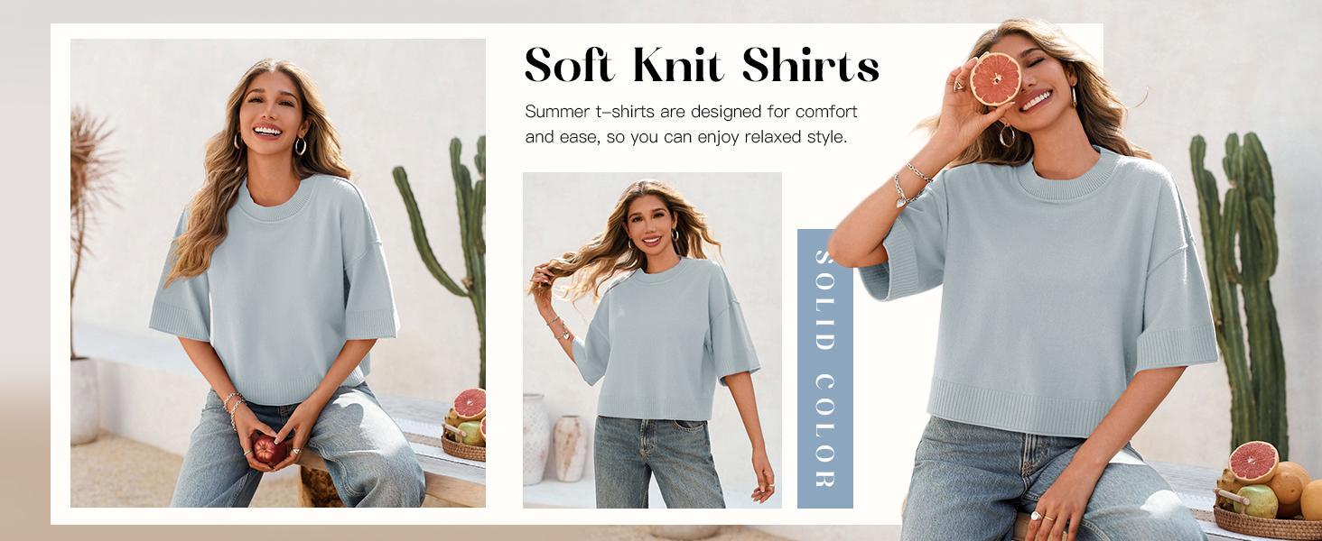 Saodimallsu Womens Short Sleeve Sweater Summer Oversized Cropped Sweaters Casual Crewneck Lightweight Knit Tops Knitting Style Womenswear Knitwear Fabric