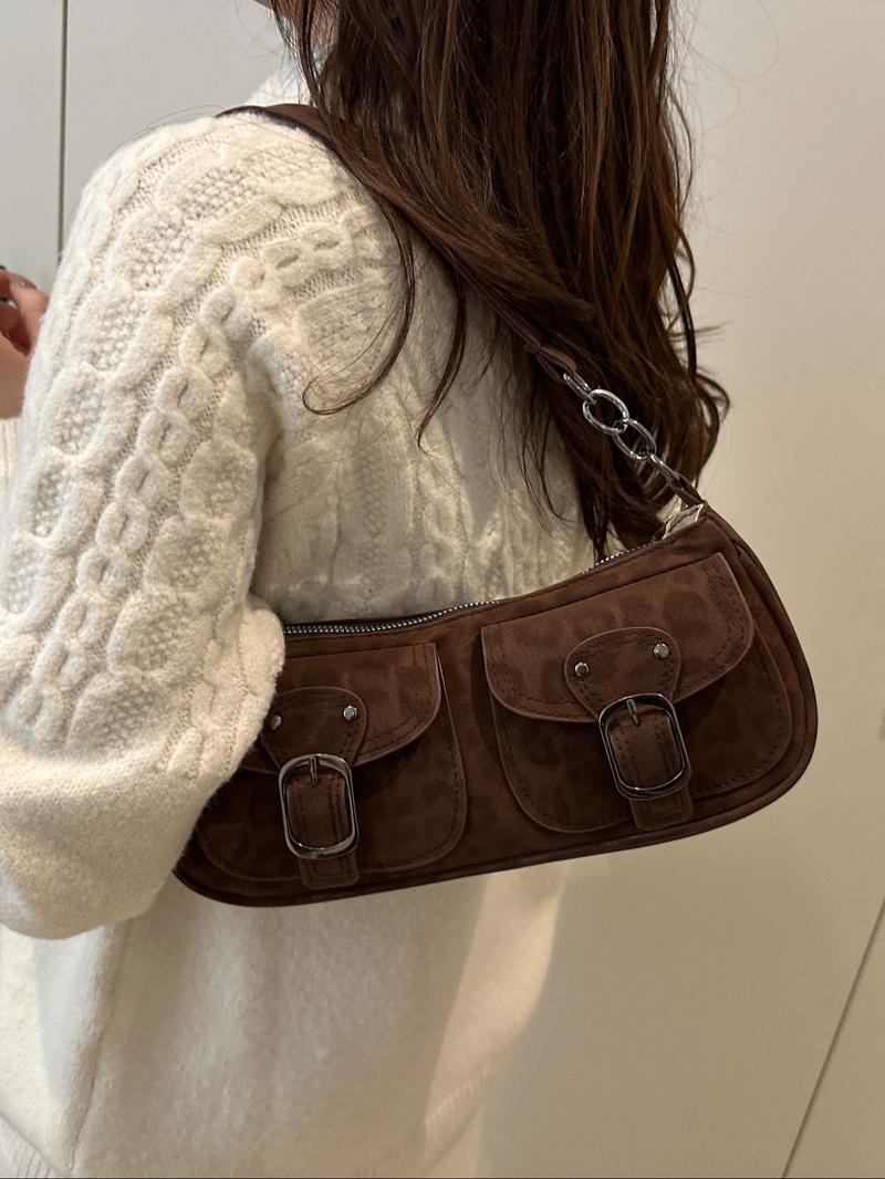 Women's Leopard Print Shoulder Bag, Vintage Dual Pocket Handbag with Zipper Closure, Fashionable and Versatile, Fashionable Patterned Bag, Perfect for Daily Use