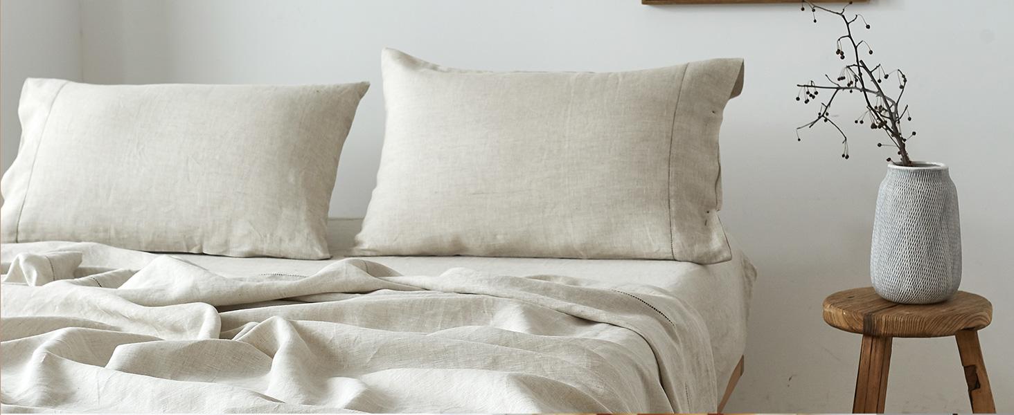 Simple&Opulence 100% Linen Pillowcase with Hand Drawing Hemstitch Pillow Cover Set of 2 Soft and Durable