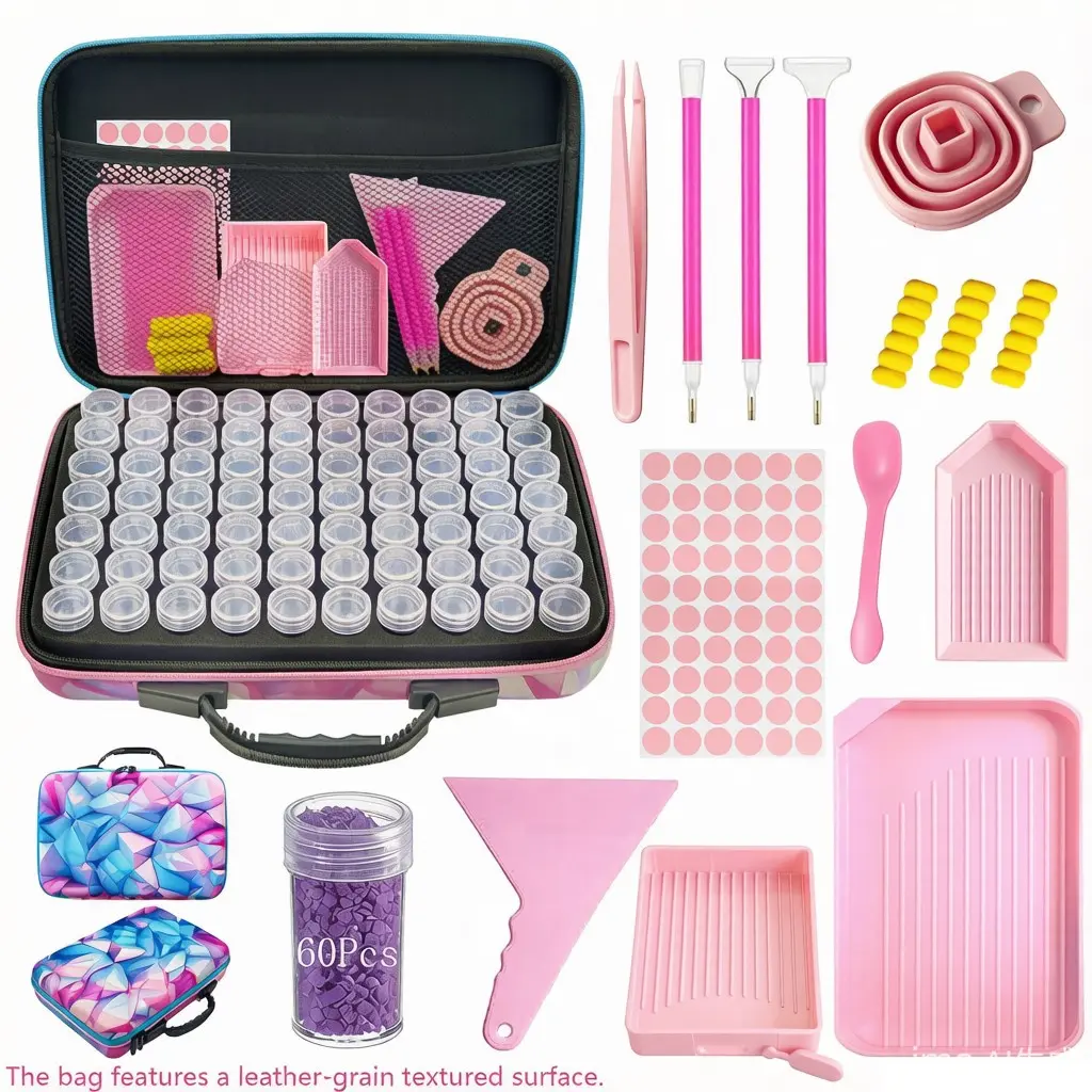 Diamond Painting Tool Kit with Storage Case, Slot Bead Organizer Box Drill Pen Tweezers Tray Wax Stickers Full Set, Portable Leather-Grain Hard Shell Carry Bag, Trending DIY Diamond Art Craft Accessories for Hobbyists Home Crafting Round Square Drill