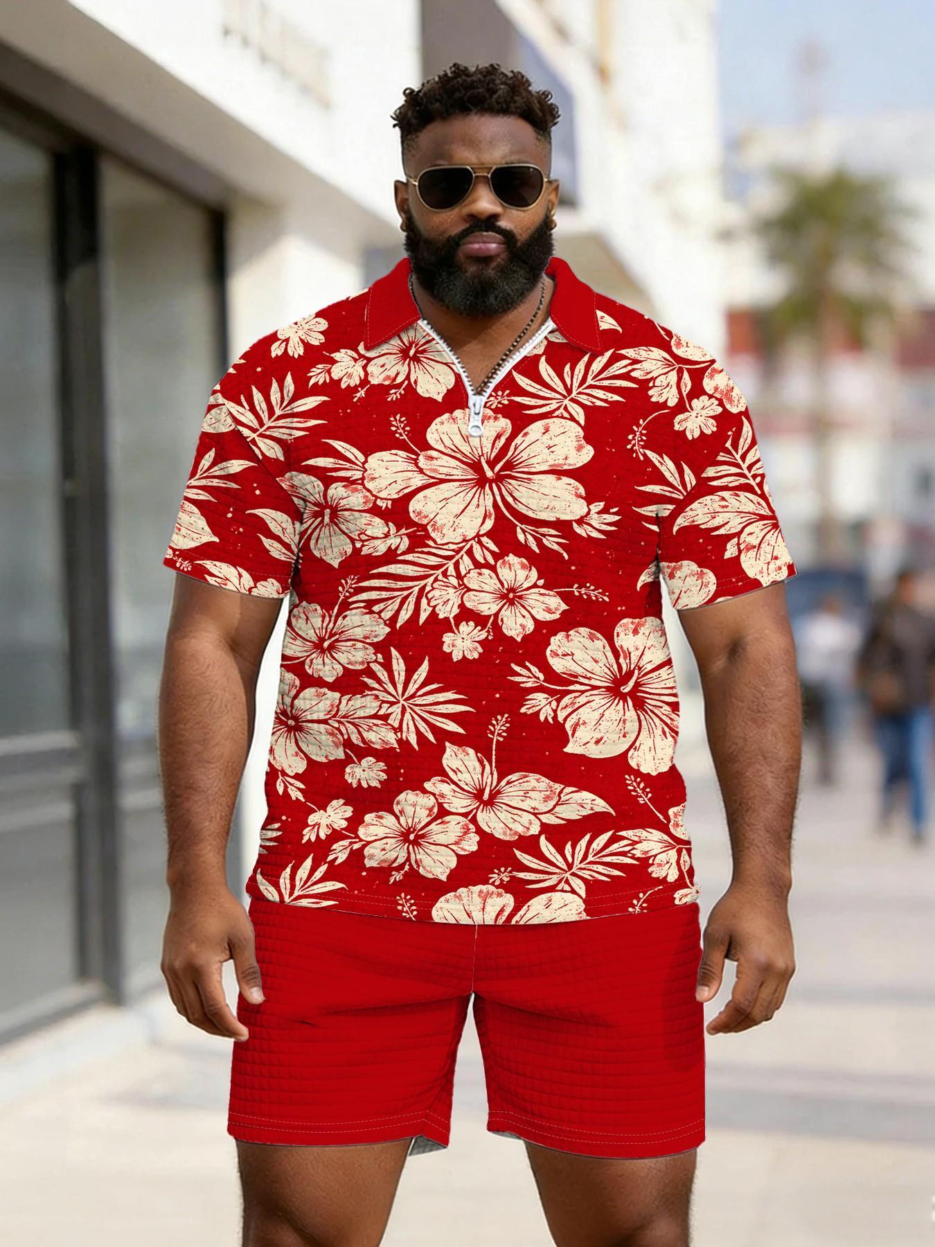 Men's Base Vintage Jasmine Print Waffle Texture Polo Set, Large Size Zipper Blouse, Summer Casual Breathable Beach Wear