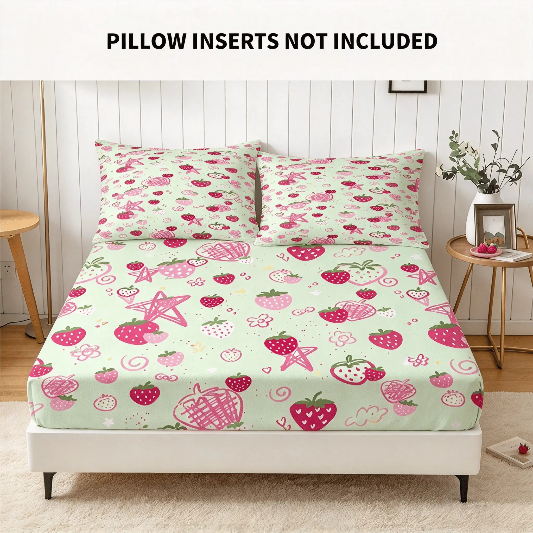 Sweet Strawberry Floral Print Fitted Sheet Set, 1 Fitted Sheet with 2 Pillowcases. Pillow Inserts Are Not Included. Deep Pocket Elastic Fitted Sheet, Soft Skin-friendly Fabric, Fresh Sweet Girly Aesthetic, for Bedrooms and Dorms of Teenagers and Women