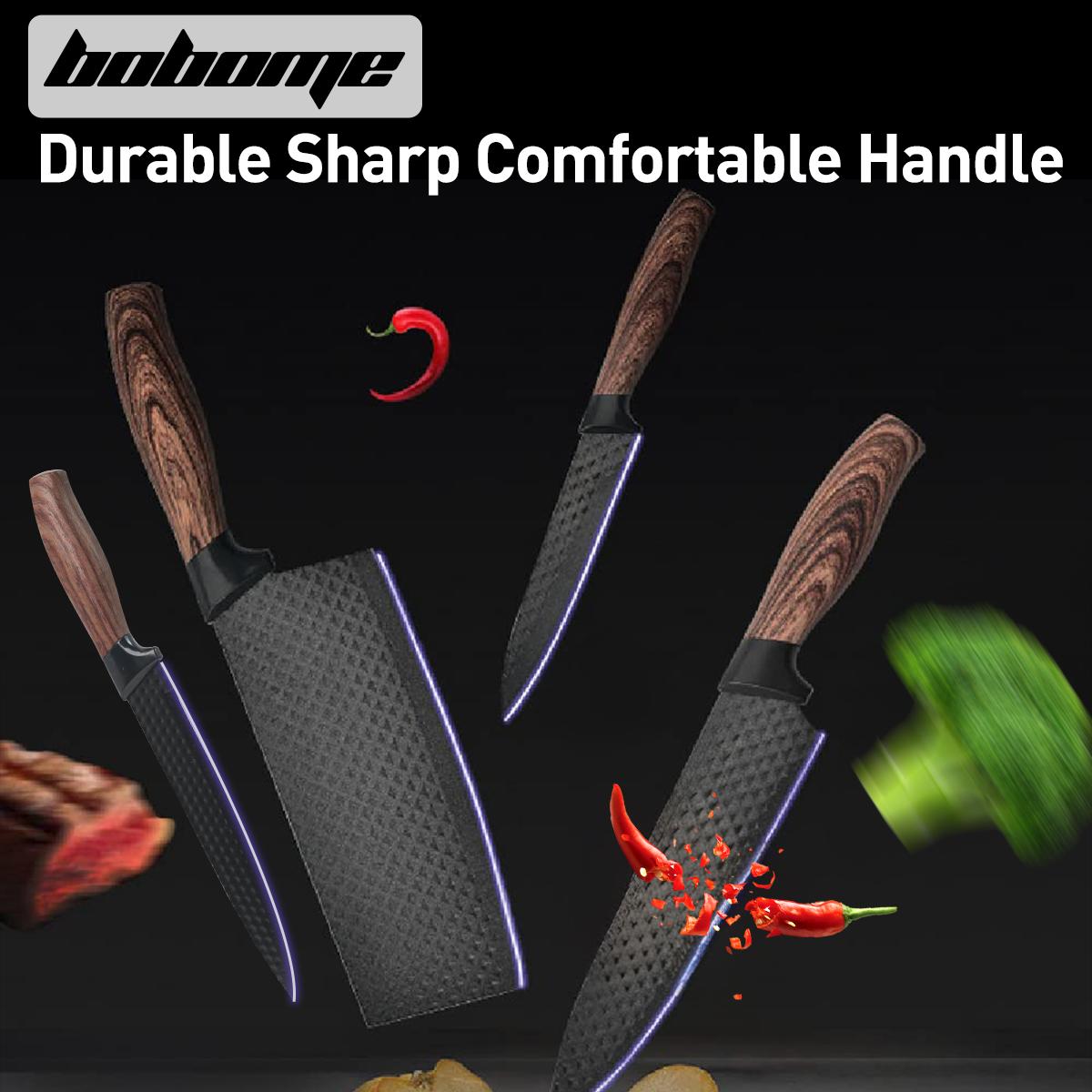 6 Piece Kitchen Knife Set - Chef Knife Set with Non-Stick Stainless Steel and Ergonomic Wood Handle - Kitchen Knives, Block Knife Block Wooden