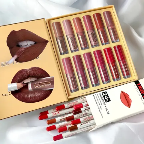 12 Color Matte Velvet Liquid Lipstick Set, Lip Products Makeup, Long-Lasting Non-Stick Formula, Includes 12 Matte Lip Liner Pencils, Perfect for Makeup Enthusiasts