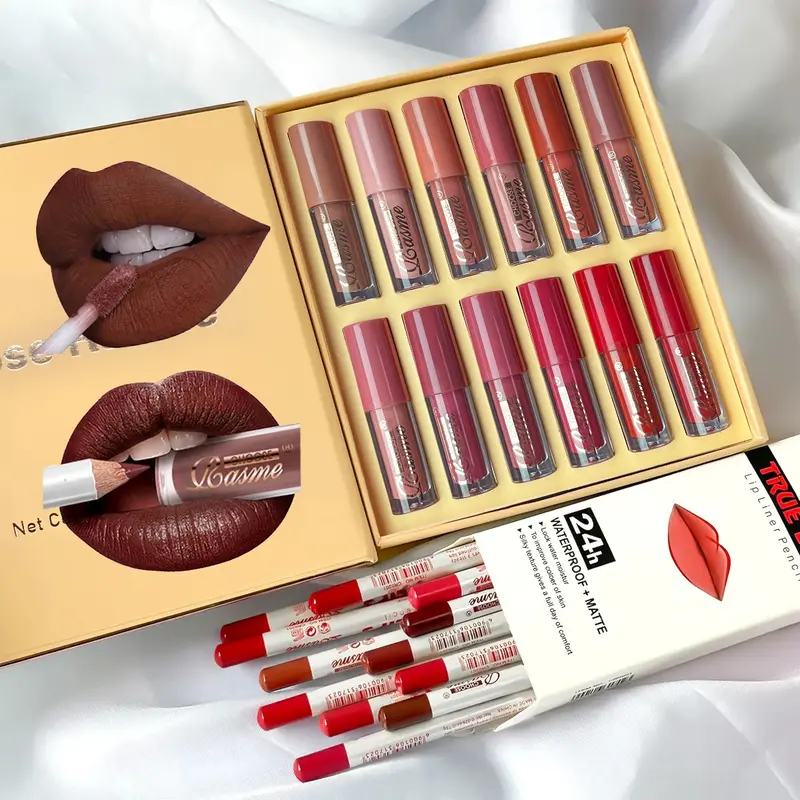12 Color Matte Velvet Liquid Lipstick Set, Lip Products Makeup, Long-Lasting Non-Stick Formula, Includes 12 Matte Lip Liner Pencils, Perfect for Makeup Enthusiasts