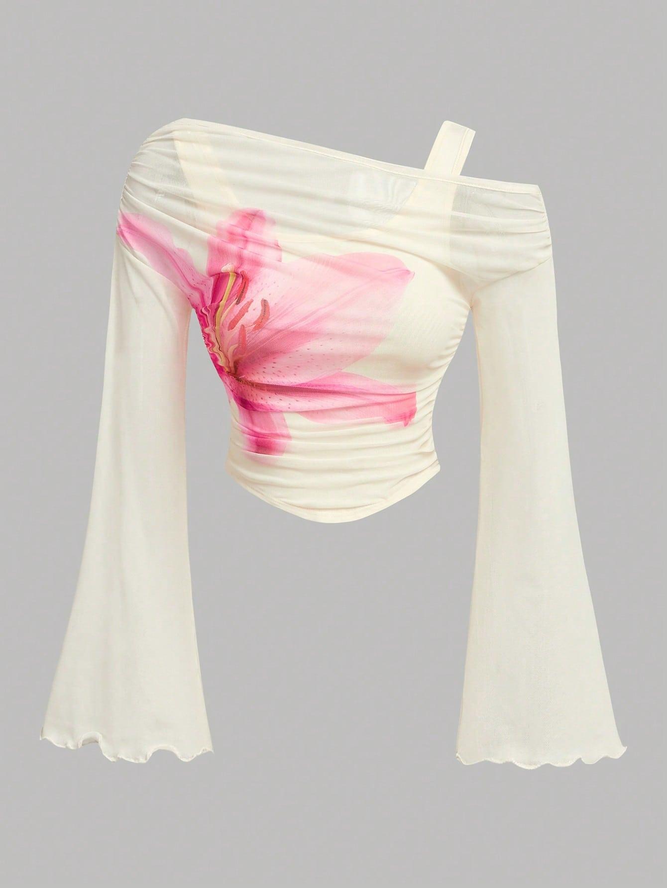 Women's Long Sleeve T-Shirt, Asymmetrical Shoulder Design Slim Fit Casual Top, Fall & Winter Fashion, Moderate Knit Fabric, Comfortable Wear