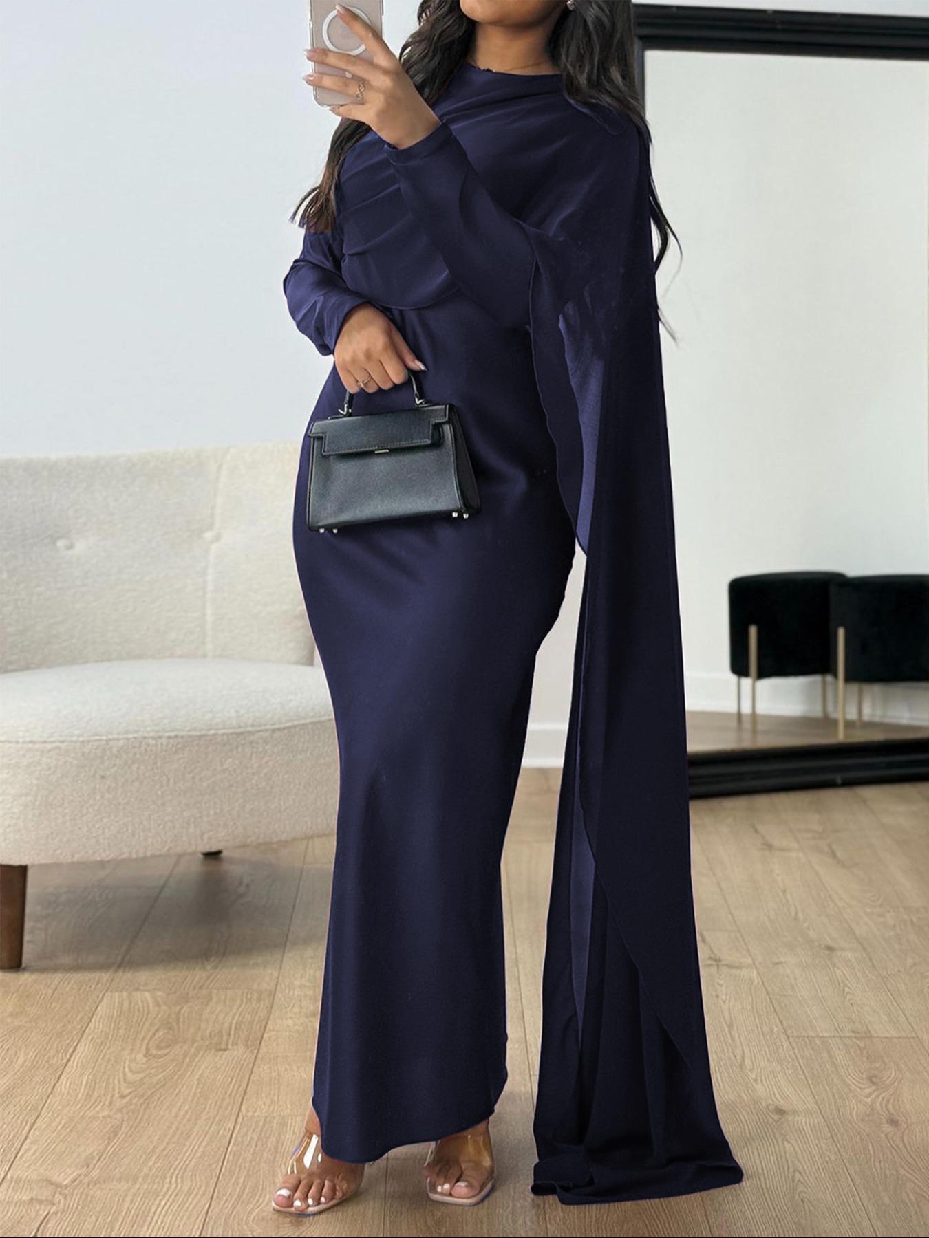 Pure Color Elegant Fashion One-Shoulder Cape Long Sleeve Dress, Fitted Style, Plain Pattern, Long Dress Length, Women's Clothing, Formal Wear