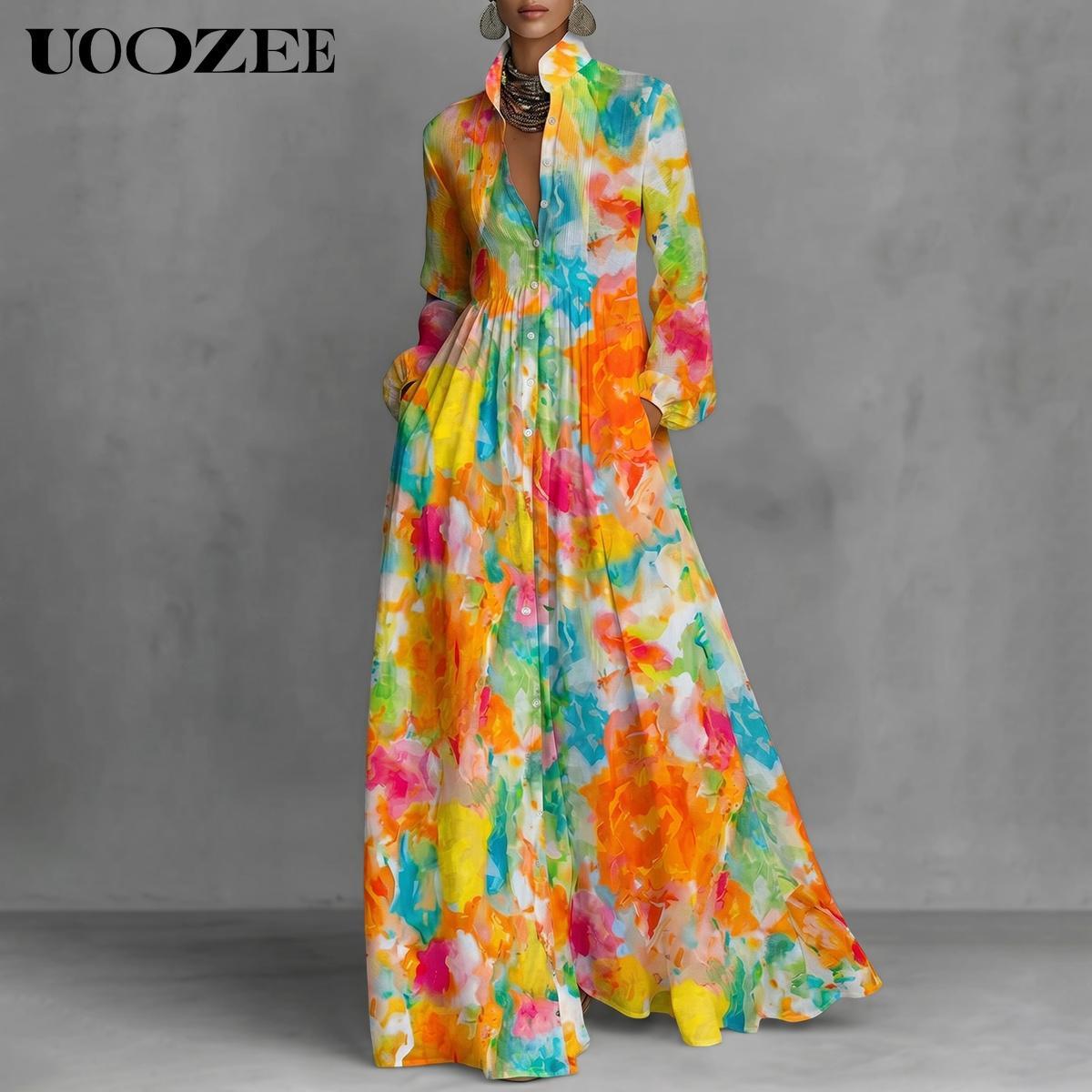 UOOZEE Women's Floral Print Long Sleeve Maxi Dress, Lightweight A-Line Style Polyester Shirt Dress with Pockets for Party, Elegant Dresses For Women