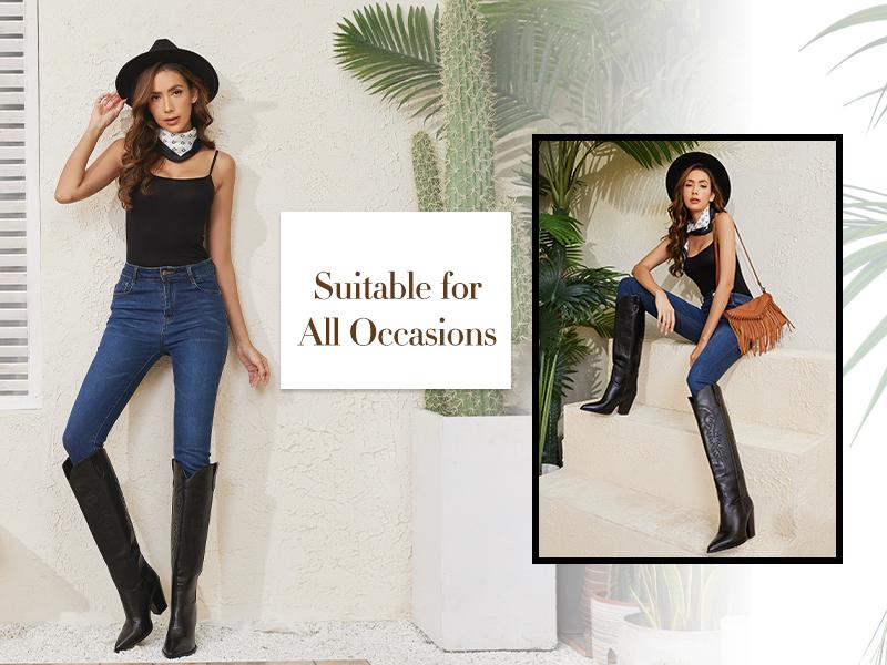 Wetkiss series Women's Western Knee High Cowboy Cowgirl Embroidered Chunky Block Heel Pointed Toes Boots  ,Women's Shoes,Women's Boots  Footwear   #TikTokShopHolidayHaul