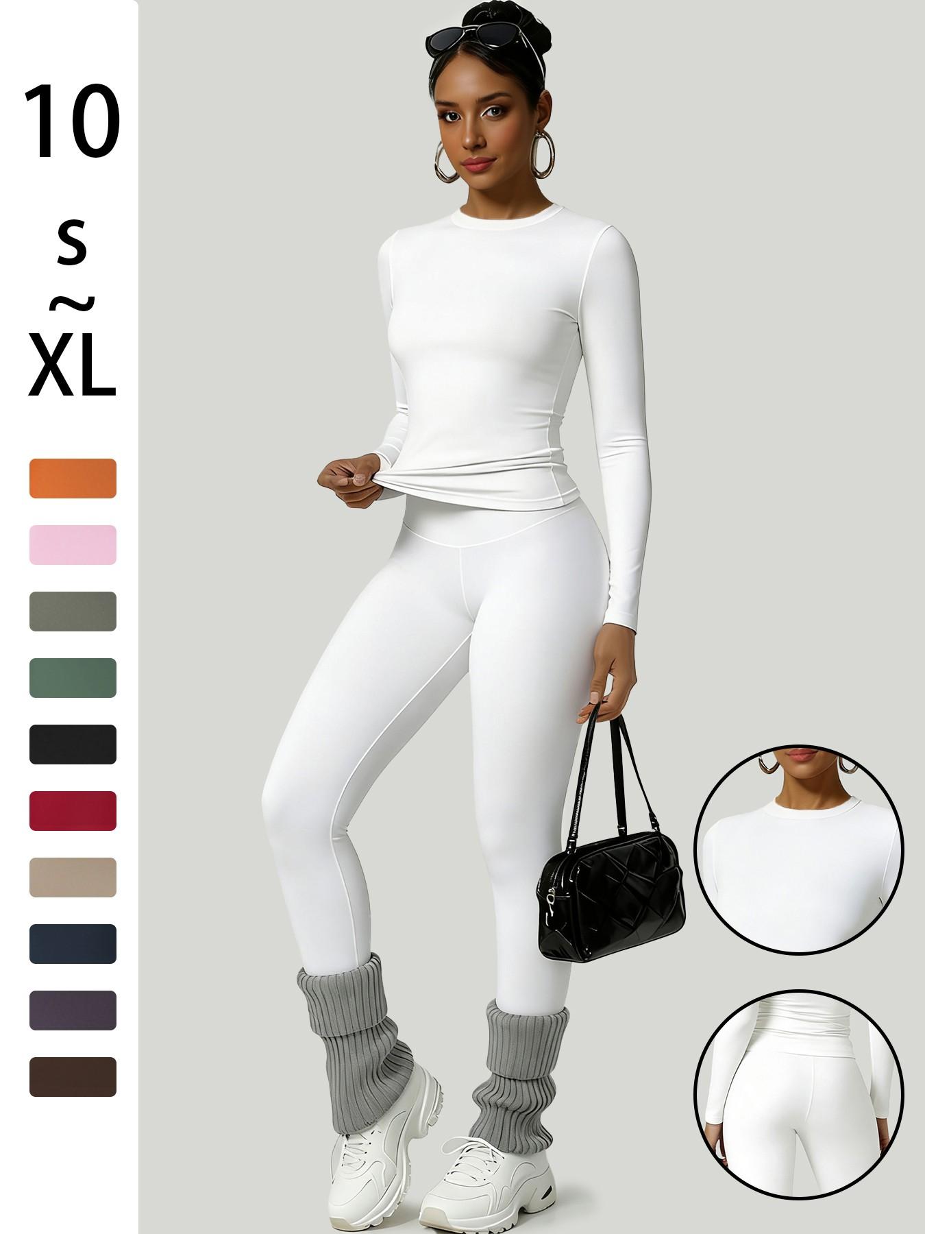 Women's Simple Solid Color Sportswear Set, Comfortable T-Shirt & Slimming Leggings, Perfect for Fall Winter Yoga & Daily Wear, Athleisure Wear Set, Yoga Gym Outfits