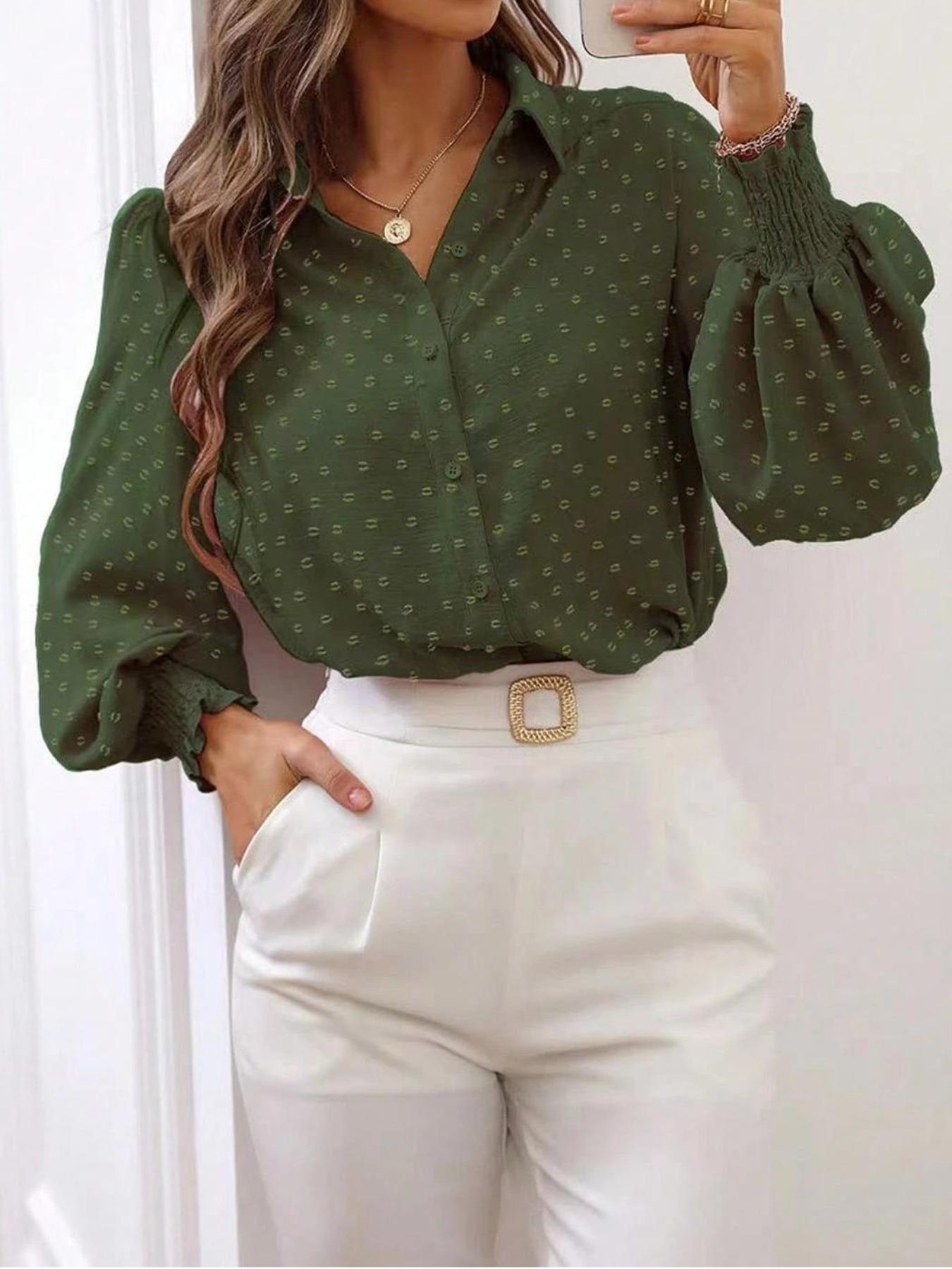 Elegant Textured Fabric Lantern Sleeve Shirt Blouse for Spring & Fall, Perfect for Work & Daily Wear, Stylish Plain Design