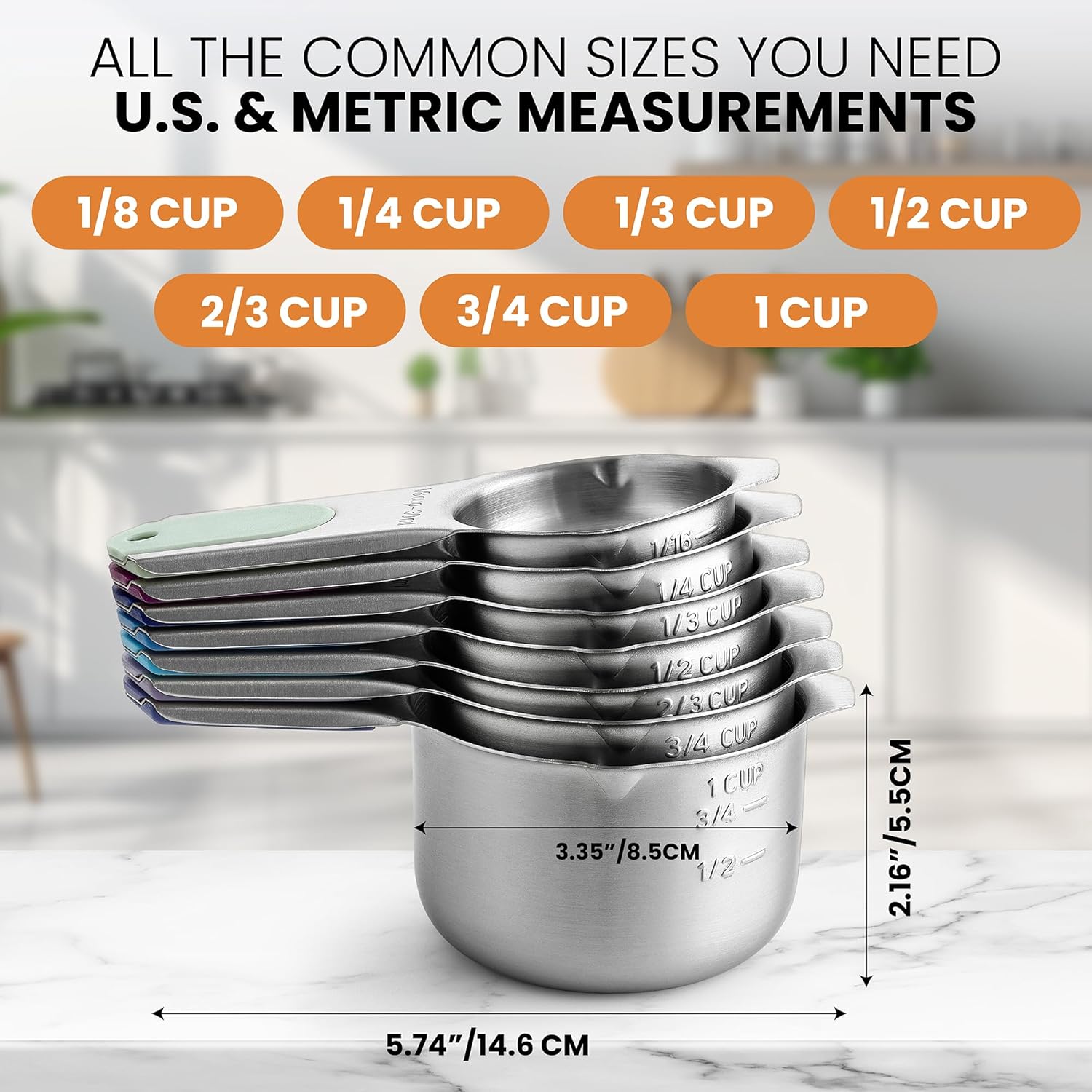 Stainless Steel  Measuring Cups, Set of 7 & Heavy Duty  Measuring Spoons, Set of 8 with Leveler - 2 Product Bundle - Winter Frost