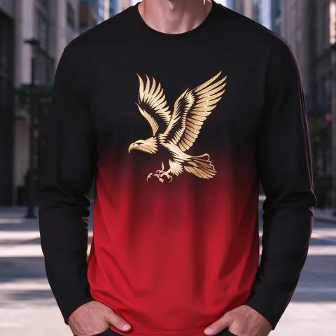 Men's Long Sleeve Gradient Pattern T-Shirt, Soft Casual Streetwear Top with Letter Print, Washable All-Season Wear, Regular Fit Round Neck