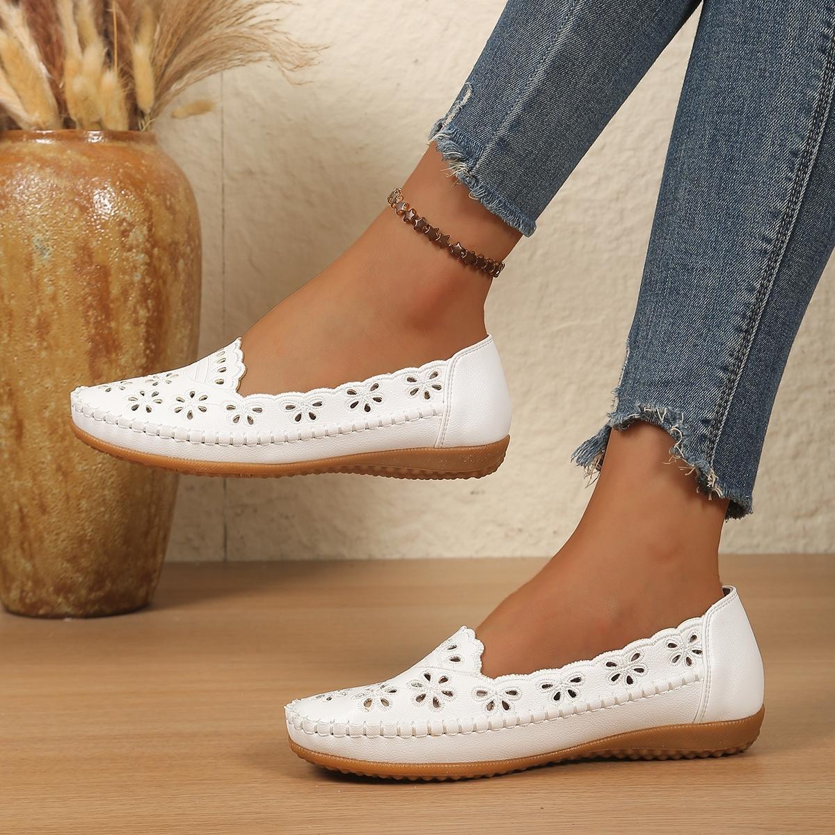 Goreyodoly Womens Wide Fit Round Toe Casual Slip On Flats, Breathable Slip Ons, Hollow Floral Lightweight Comfortable Walking Shoes All Season Office Travel Commuting Home Wear Soft Cushioned Insole Rubber Slip Resistant Durable Versatile Footwear