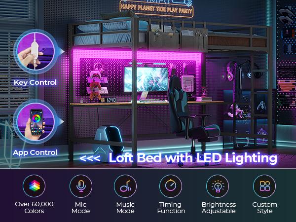 Hasuit Full Size Metal Loft Bed with Desk, LED Lights & Charging Station - Sturdy Space-Saving Bed Frame, Loft Bed Full Size Includes Safety Guard Rail & Ladder, No Box Spring Needed, Durable