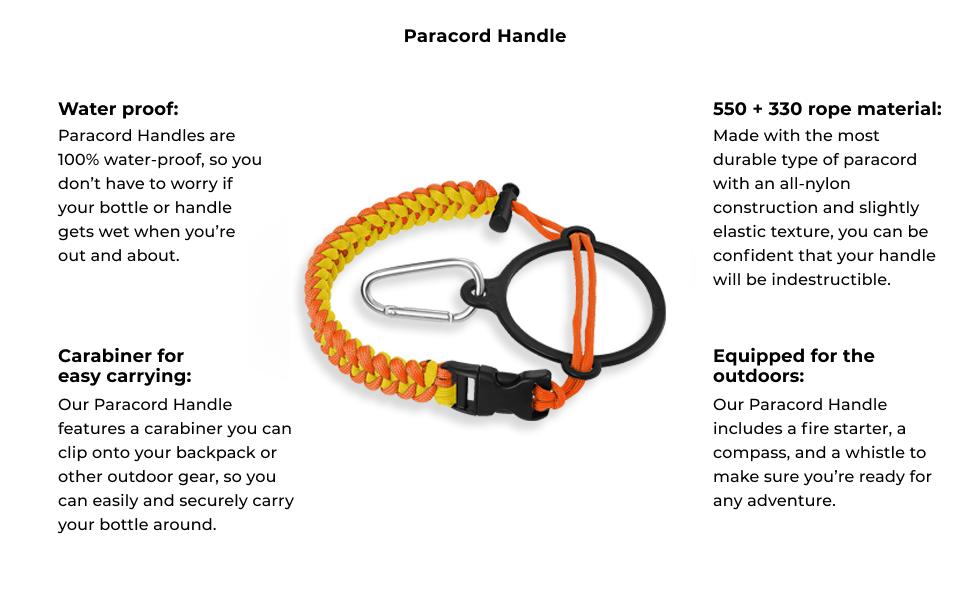 Paracord Handle for Wide Mouth Water Bottles - Wide Fit, Unisex Outdoor Gear, Braided Rope, Secure Carry, Durable Carrier, Safety Ring, Carabiner, 7-Core Survival Strap, Seven-Core, Survival Straps