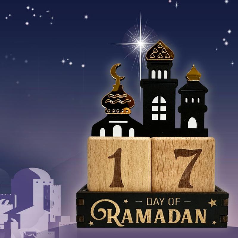 1 Count Ramadan Wooden Calendar Decor, Eid Countdown Calendar Blocks, Star & Moon-Themed Eid Mubarak Decoration, Islamic-Style Desktop Date Ornament, Creative Festive Atmosphere Decor