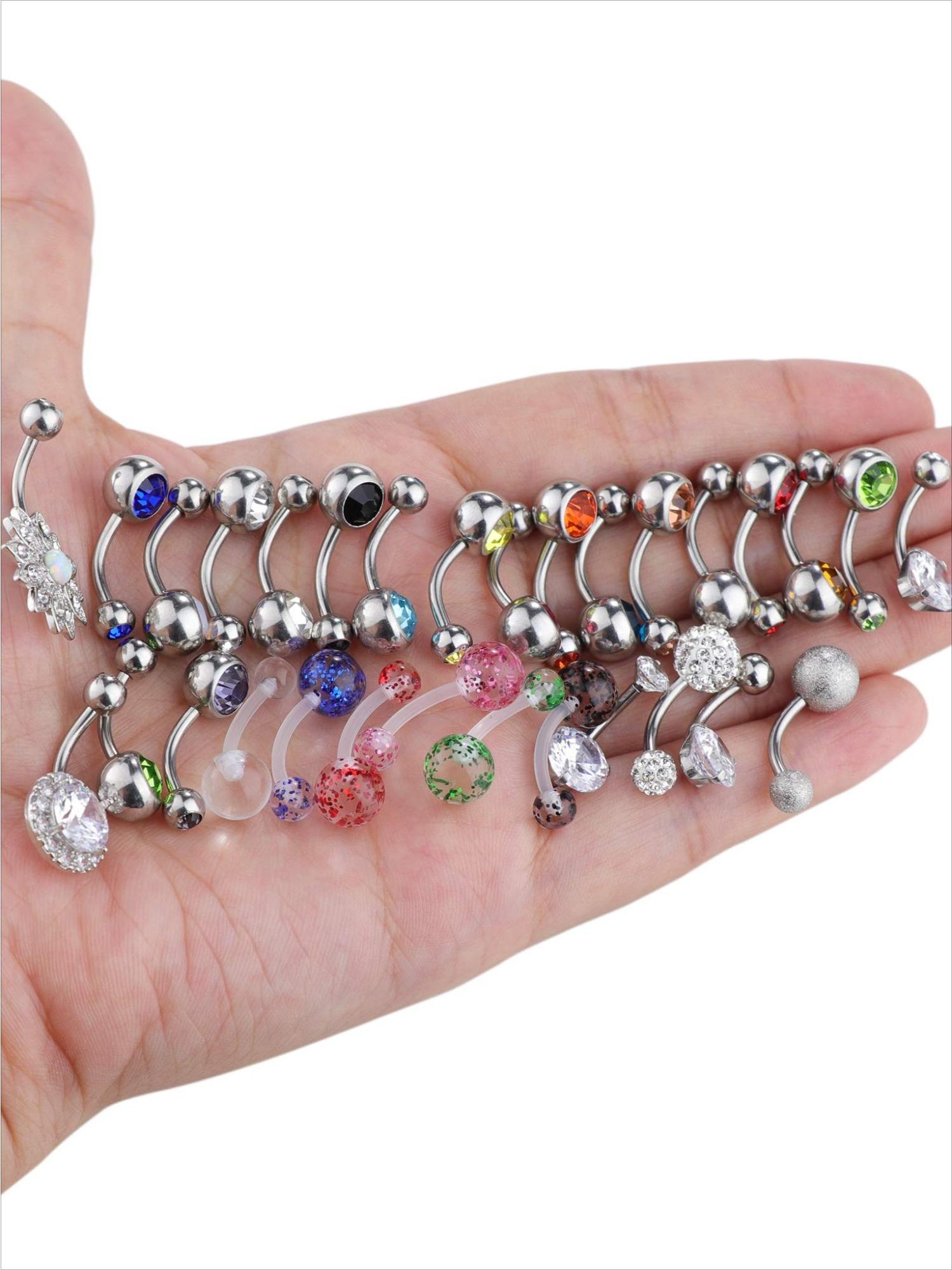 30 Pcs Vibrant Multicolor Belly Button Ring Pack for Women Men Premium Stainless Steel Hypoallergenic Comfortable Long-time Wearing Shiny Cubic Zirconia Bright Acrylic Details with Fashionable Dangle Styles for Summer Beach Daily Wear