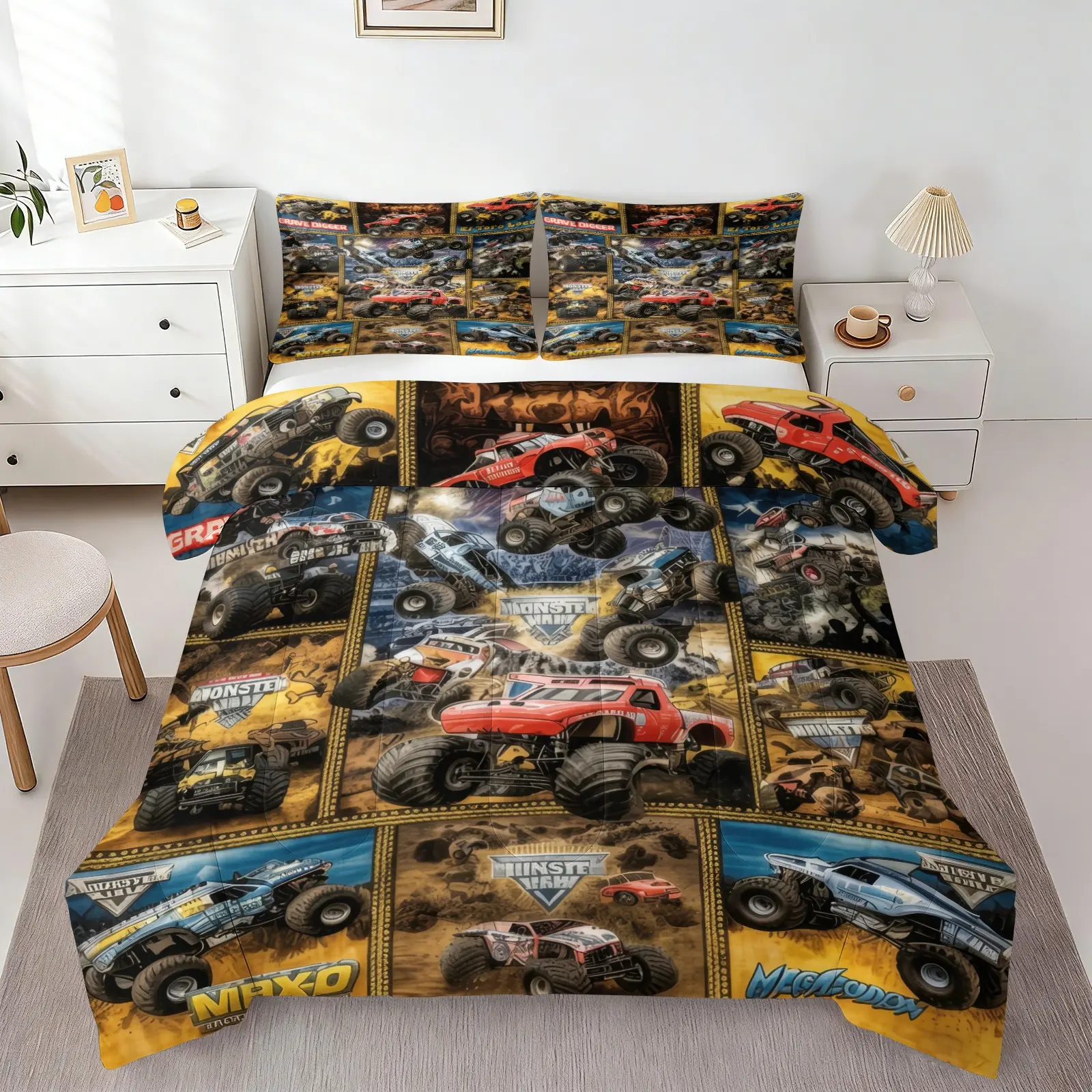 Monster Truck Racing Comforter Set, 1 Quilt & 1/2 Pillowcase No Pillow Insert, Racing Vehicle Themed Bedding Set, Soft All Season Bed Comforter, Boys Bedroom Decor for Kid Room, Dorm & Racing Style Interior Decoration