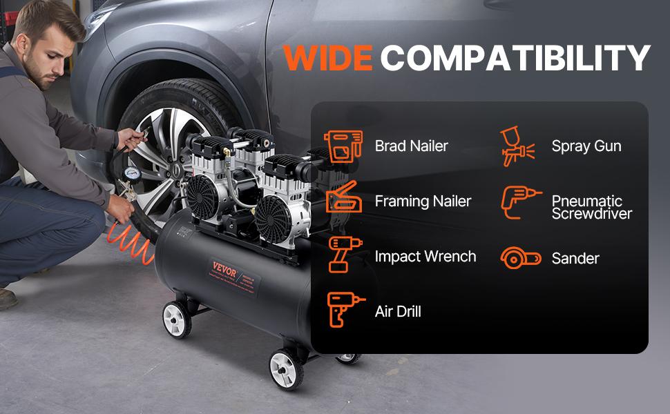 VEVOR Air Compressor, 20 Gallon Steel Tank, 4HP 10.6 CFM90 PSI Oil Free Air Compressor Max. 125PSI Pressure, 78dB Ultra Quiet Portable Compressor, for Auto Repair, Tire Inflation, Spray Painting VEVOR Air Compressor, 20 Gallon Steel Tank, 4HP 10.6 CFM90 PSI Oil Free Air Compressor Max. 125PSI Pressure, 78dB Ultra Quiet Portable Compressor, for Auto Repair, Tire Inflation, Spray Painting