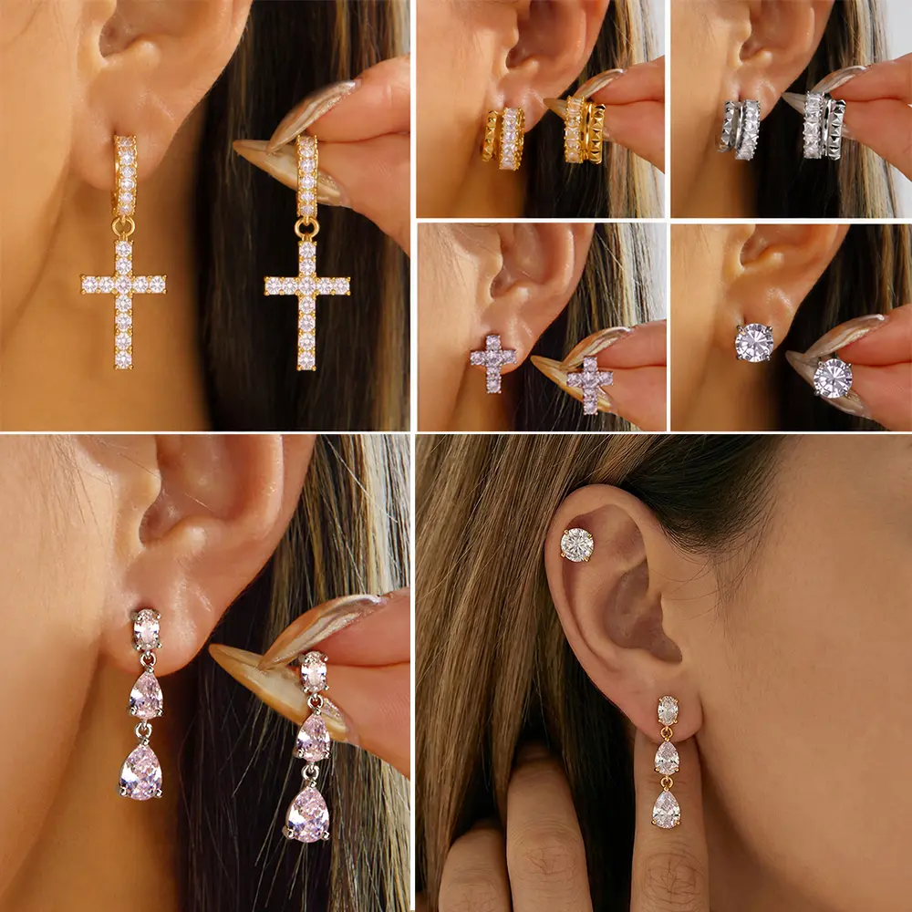14K Gold Plated CZ Dangle Earrings for Women, Long Bridal Earrings | Crystal Long Linear Bridal Drop Dangle Earrings, Chic Cross Ear Stud, Cluster Cubic Zirconia & Pearl Wedding Jewelry for Brides & Bridesmaid