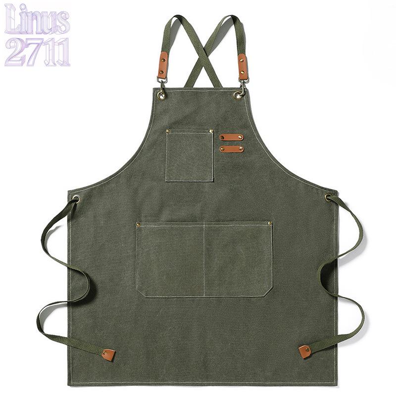 Cotton Canvas Cross Back Work Apron Leather Adjustable Strap Multi Pocket Oil Resistant Kitchen Coffee Shop Gardening Artist Unisex Custom Logo Blank Apron