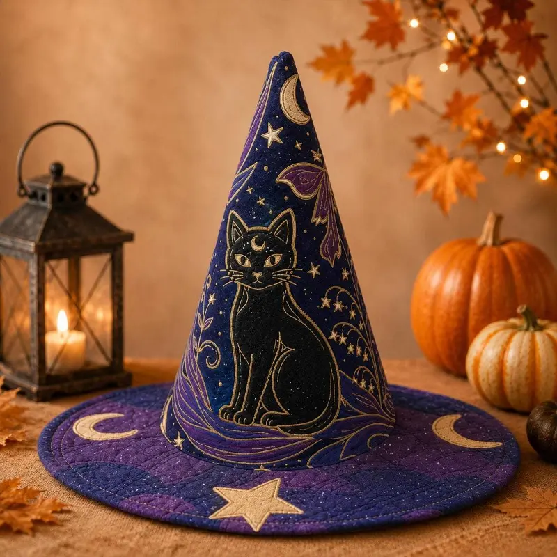 Halloween Quilted Purple Witch Hat with Black Cat, Moon and Star Prints, Vintage Country Style Wizard Hat, Wearable Halloween Cosplay Costume Accessory for Women Masks