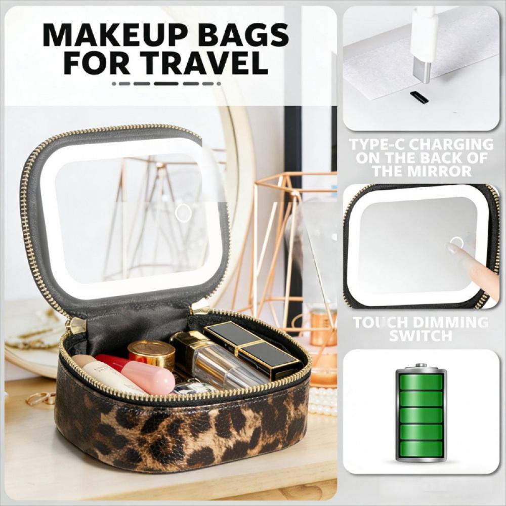 Leopard Print PU Leather Jewelry Display Case with LED Light Mirror Waterproof Makeup Organizer Luxury Cosmetic Storage Box for Home Travel