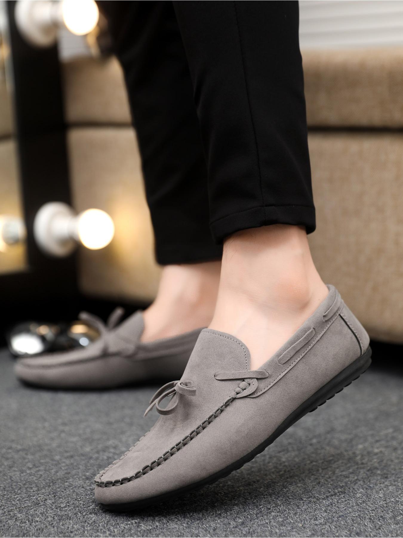 2026 Spring and Autumn New Men's Casual Bean Shoes, Suede Leather with Lace-up Weave Design, Rubber Soft Sole, Daily Commuting Loafers and Business Shoes