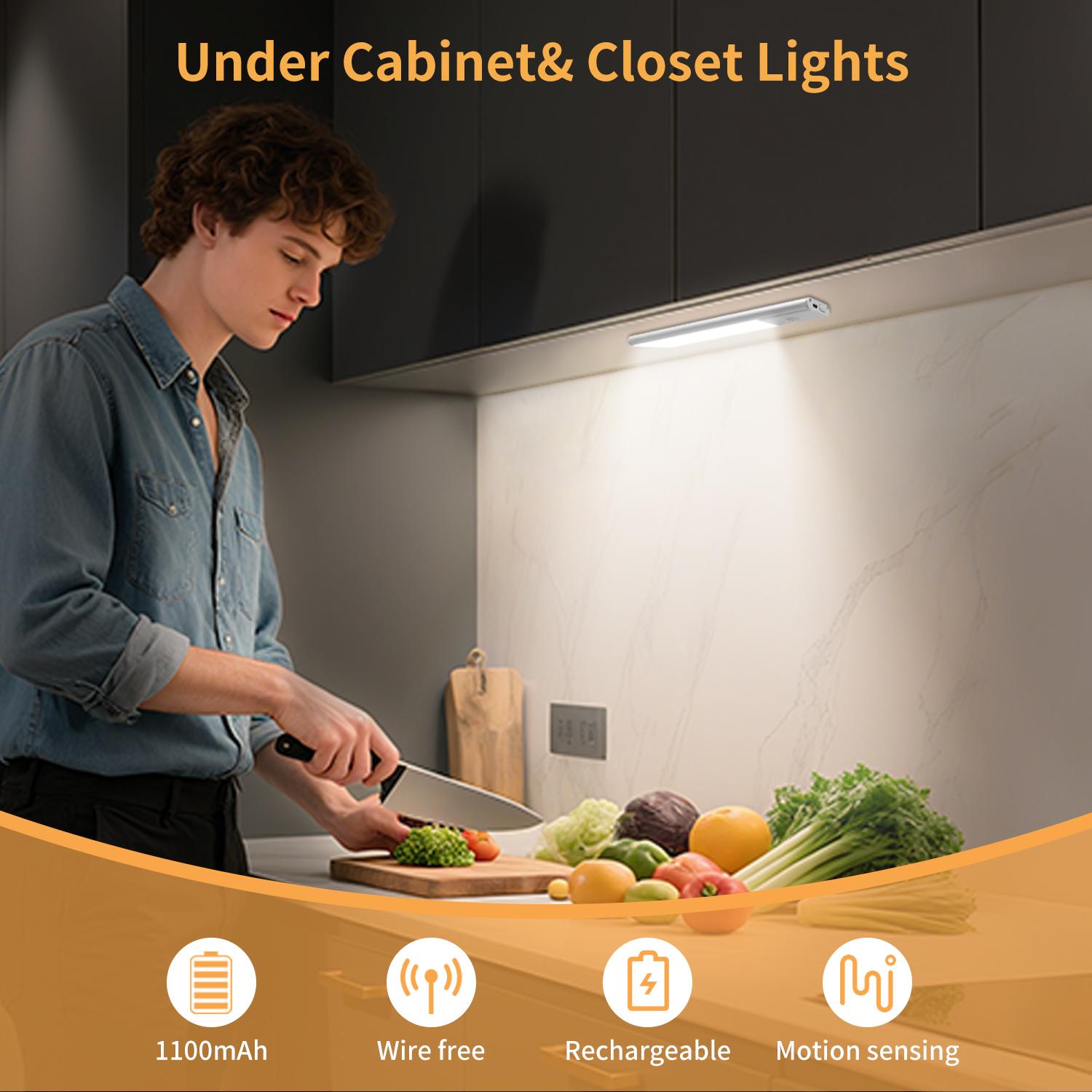 WEDEESUN 2 Pack Under Cabinet Light 23 LED Indoor Motion Sensor Light 1100mAh Rechargeable for Kitchen Staircase Closet Night Lights Multifunctional Lighting