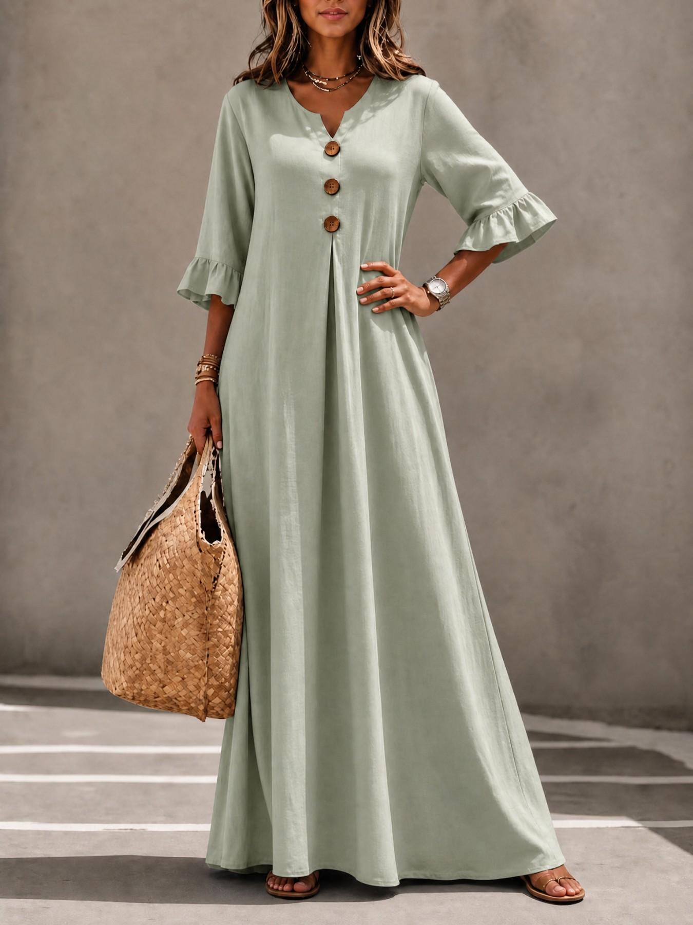 Women's Boho Aesthetic Style Solid V-Neck Dress with Wooden Buttons and Ruffle Sleeves, Loose-Fit A-Line Skirt, Fall & Winter Casual Wear