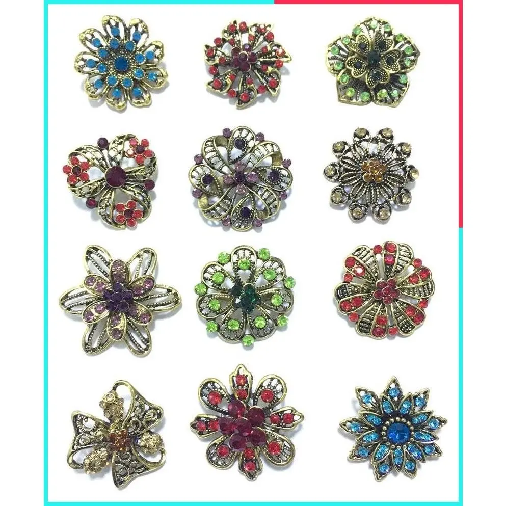12pcs Vintage Gold Plated Crystal Brooches - Antique Style Wedding Bouquet Pins, Bridal Corsage Accessories