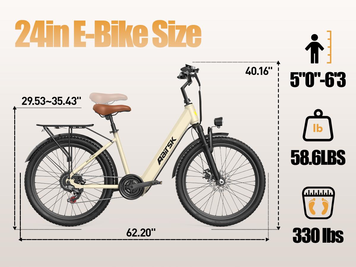 Aairsk electric bicycle, SU7, 36V13Ah, peak power 748W, lithium battery, dual suspension, removable tires, women's mountain electric bicycle 24 inches, maximum range 40 miles, 7 speeds, LED lights, display and NPC unlocking, dual disc brakes