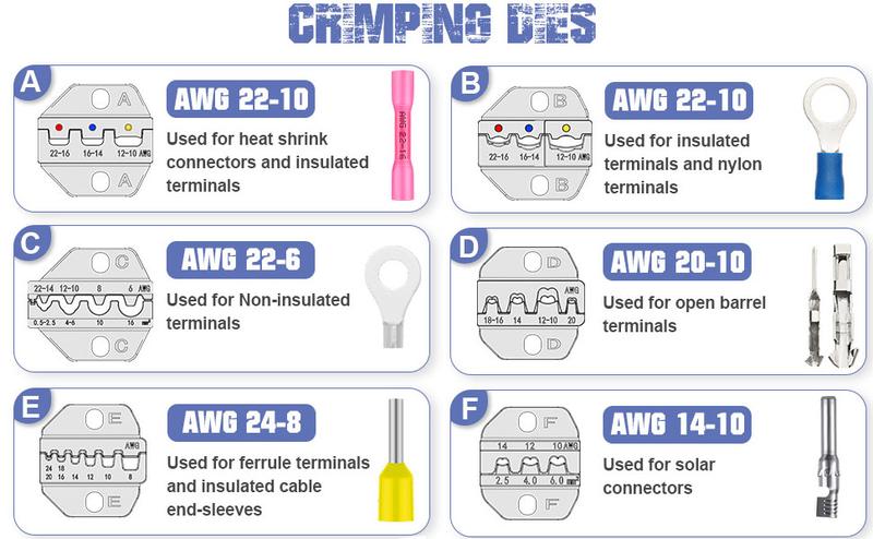 haisstronica 6PCS Crimping Tool Set - Ratchet Wire Crimping Tool for Heat Shrink,Insulated Nylon,Non-Insulated,Ferrule Wire End,Open Barrel Terminals,Solar Connectors,Father's Day Gift multi  tool