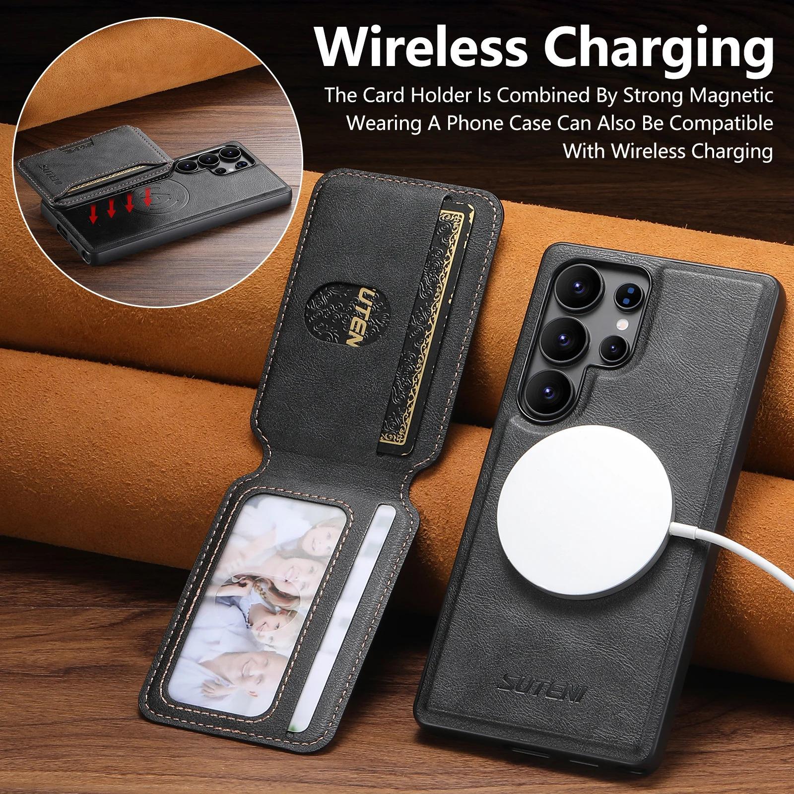 Magnet Wireless Charging Luxury Faux Leather Phone Case Card Holder Stand For Samsung Galaxy S26 Ultra S25 S24 S23 S22