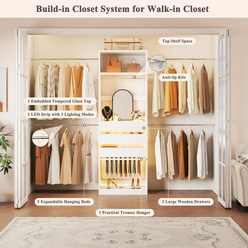Closet System, 4-8FT Closet Organizer with 3 Wood Drawers & Glass Top, 102'' Walk in Closet with 5 Hang Rods & LED Lights & Trouser Rack, Built-in Wardrobe Clothes Rack with Shelves and Tower, White