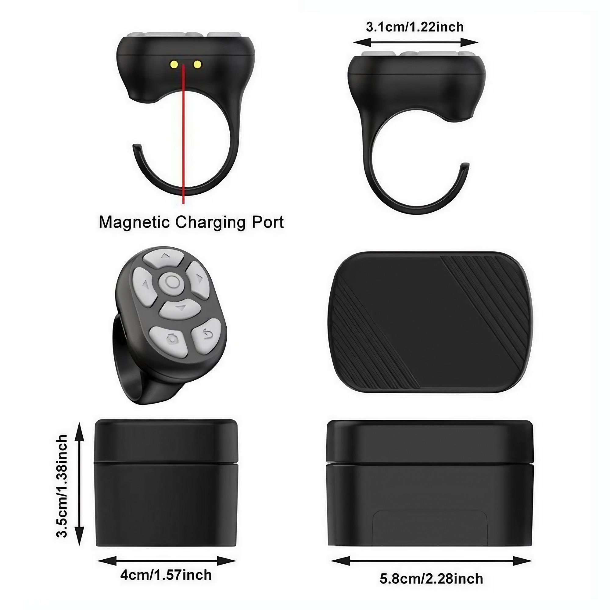 Wireless Ring Remote with Digital Display Charging Case, 7-Key Scroll Clicker for Smartphones Tablets iOS Android. Rechargeable Selfie Video Controller Compatible with Mobile Devices.
