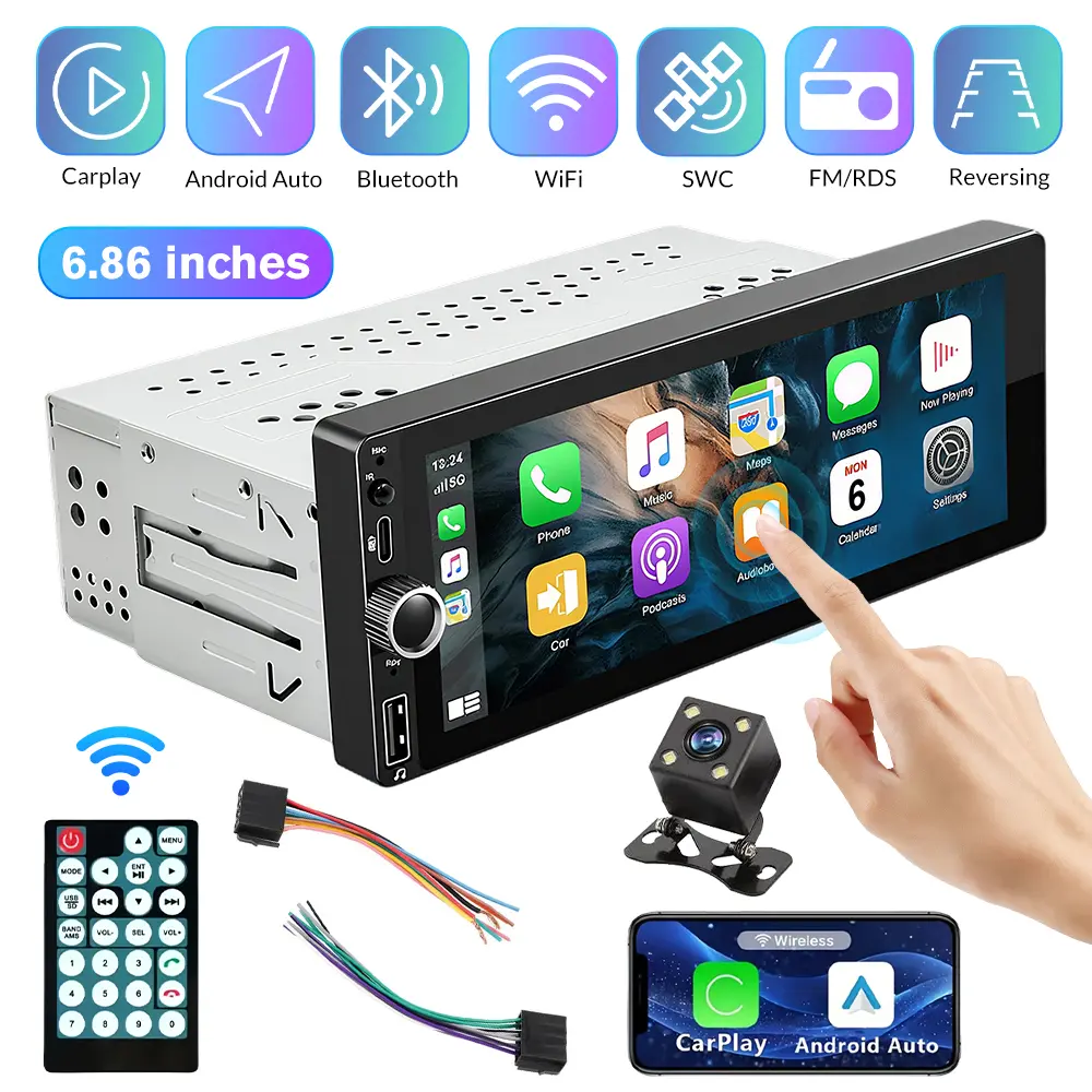 6.86" Wireless CarPlay Car Stereo, Touch Screen Bluetooth MP5 Player with Backup Camera, Apple CarPlay & Android Auto Radio for Car Upgrade
