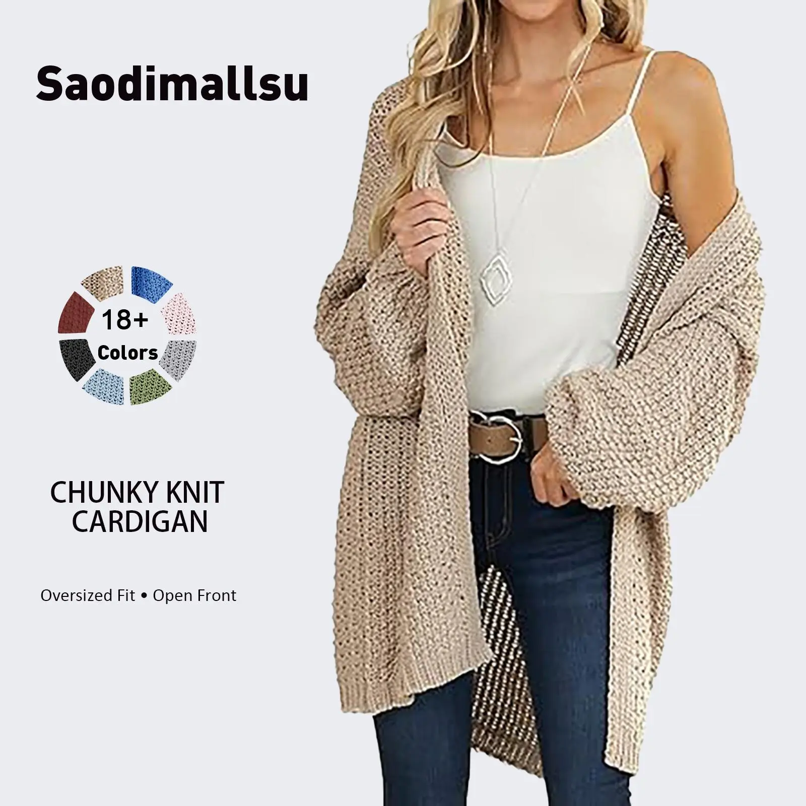 Saodimallsu Women's Basic Plain Acrylic Knitted Chunky Open-Front Pink Cardigan Top, Long-Sleeve Medium-Length Casual Holiday Normal-Type Pull-On Lightweight Outwear, Regular Fit, Hand Wash Only