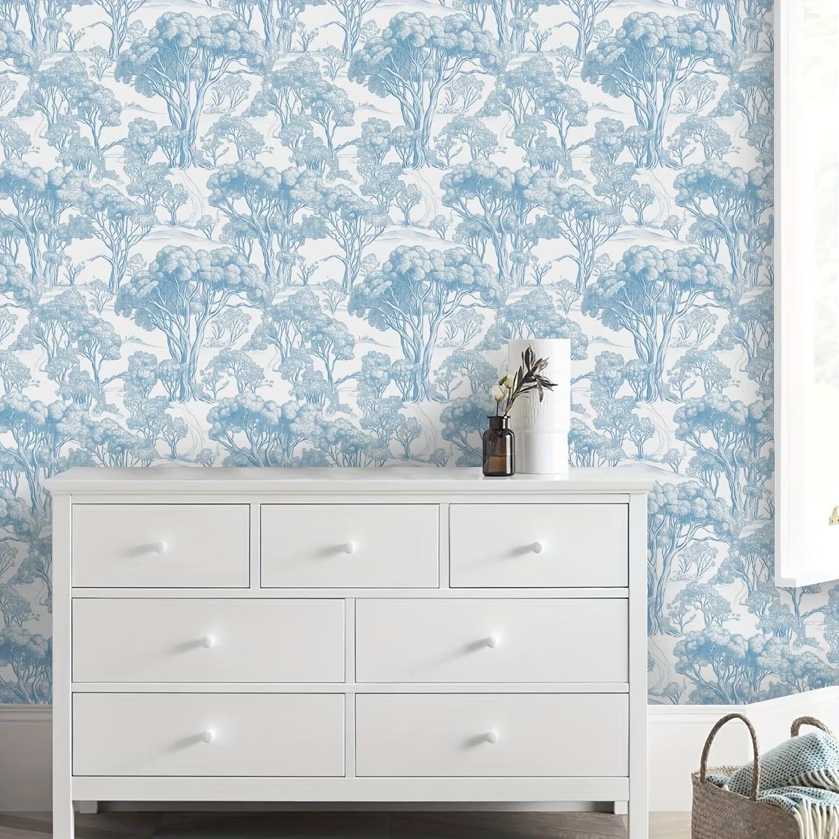 Light Blue Toile Peel and Stick Wallpaper, Renter Friendly Removable Floral Wallpaper, Mould-Proof for Living Room, Wedding Season Gift