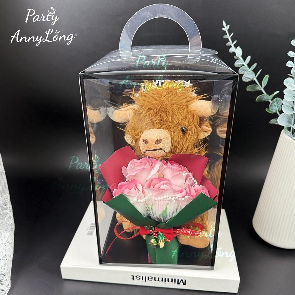 Christmas Highland Cow Plush Toy with Artificial Rose Bouquet, 1-Set Cute Cow Design Plush Home Decoration, Holiday Gift for Loved Ones