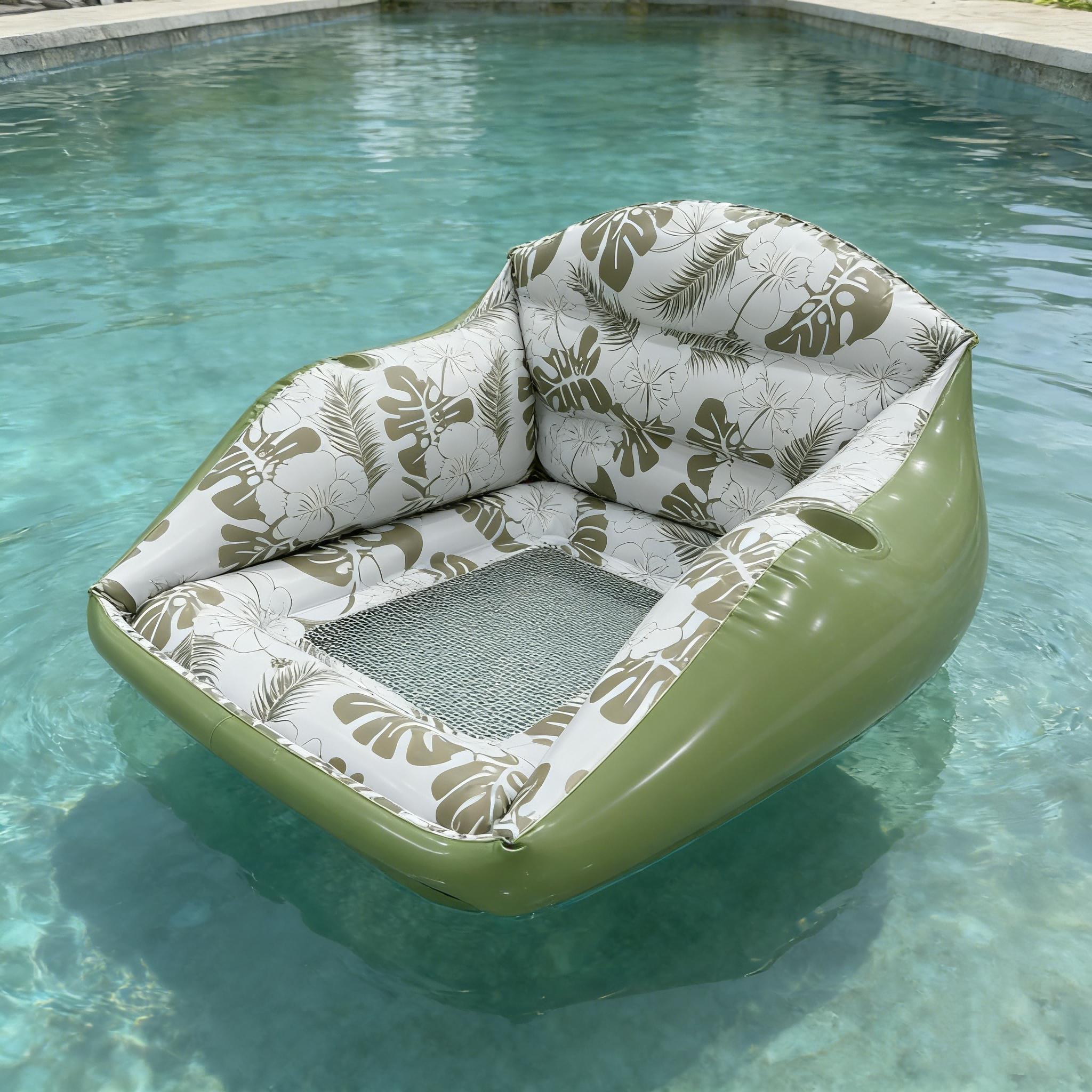 Large Inflatable Water Sofa, Tropical Style Pool Chair with Cup Holder, 3-In-1 Inflatable Pool Toy, Outdoor Use for Parties