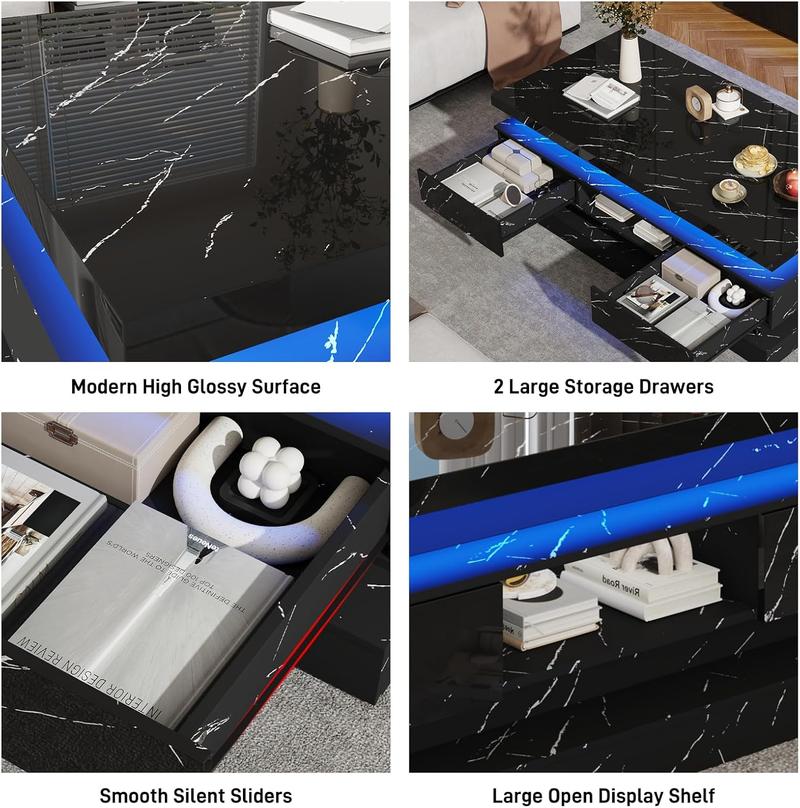 47.2 inch Modern High Glossy LED Coffee Table with 2 Sliding Drawers, Double-Layer Center Tables with LED Lights for Livings Room Furniture, Black 47.2 inch Modern High Glossy LED Coffee Table with 2 Sliding Drawers, Double-Layer Center Tables with LED Lights for Livings Room Furniture, Black