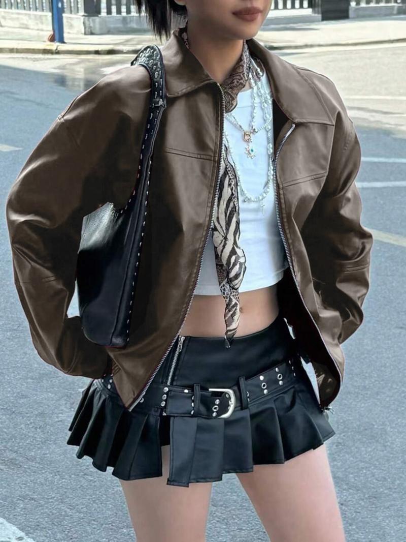 Women's Preppy Motorcycle Jacket, Casual Loose-Fit Long Sleeve Leather Coat, Autumn Winter Fashion Outerwear for Women