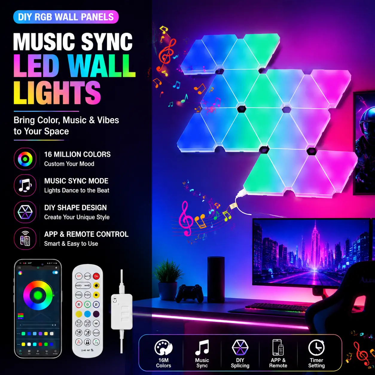 Triangle LED Wall Panels, RGB Smart Gaming Lights with App & Remote Control, Music Sync Color Changing Lights, DIY Modular Wall Decor for Gaming Room, Bedroom & Home Setup dimmable lamp holiday gift black friday christmas rechargeable sconce set