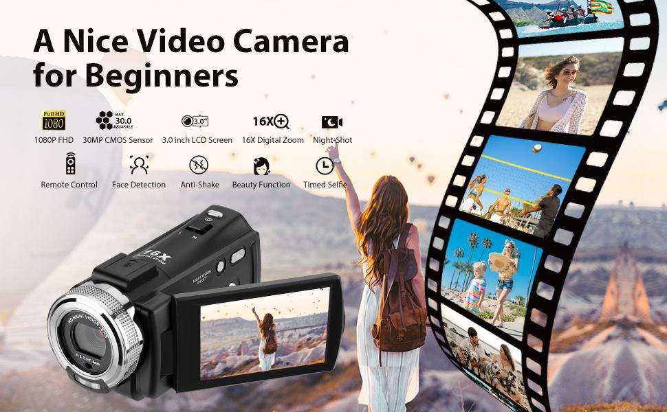 ORDRO HDV-V12 1080P HD Video Camera Camcorder with 16x Zoom, Infrared Night Vision Recording, Audio, Remote Control, 16G Memory Card, 2 Batteries for Hiking & Light Outdoor Use