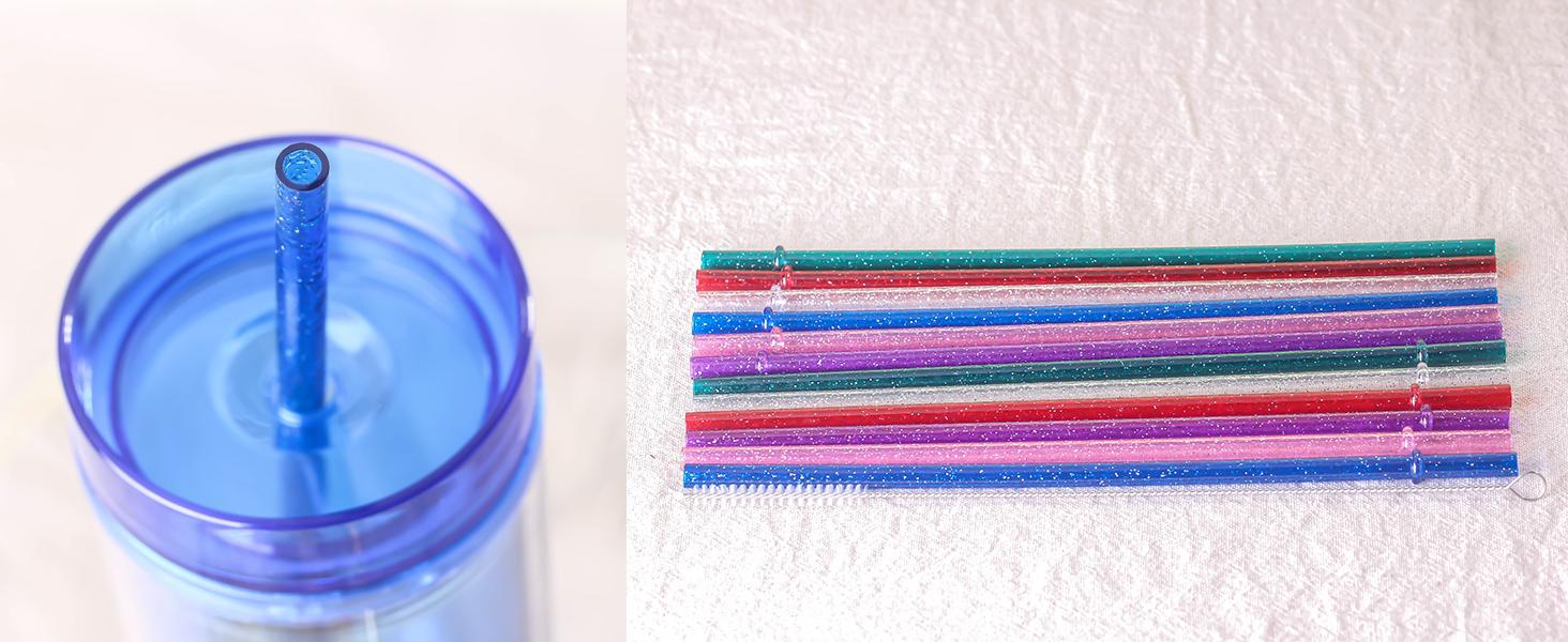 11 inch glitter clear 12 piece reusable straw replacement plastic straw for 16 oz 18oz 20 oz 24 oz 30 oz yeti,stanley,tumblers starbucks straws plus one cleaning brush (6 color,11 inch)