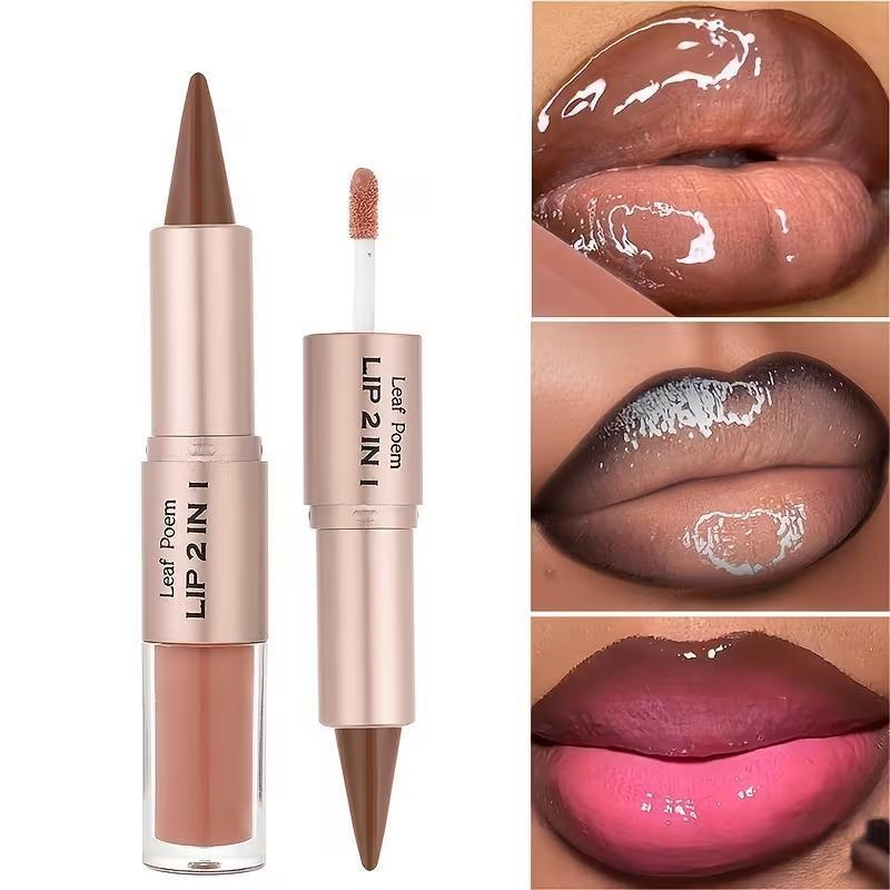 2-in-1 Dual-Ended Lip Gloss & Lipstick - Matte lip liner to outline lips, mirror-like glossy lip gloss, long-lasting color that doesn't smudge on cups, berry tones, anti-slip bullet design, 8 colors available, Cosmetic, Lip Product